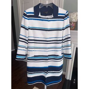 New Alex Marie‎ Designer Striped Trench Coat Blue Long Sleeve Size M Jacket